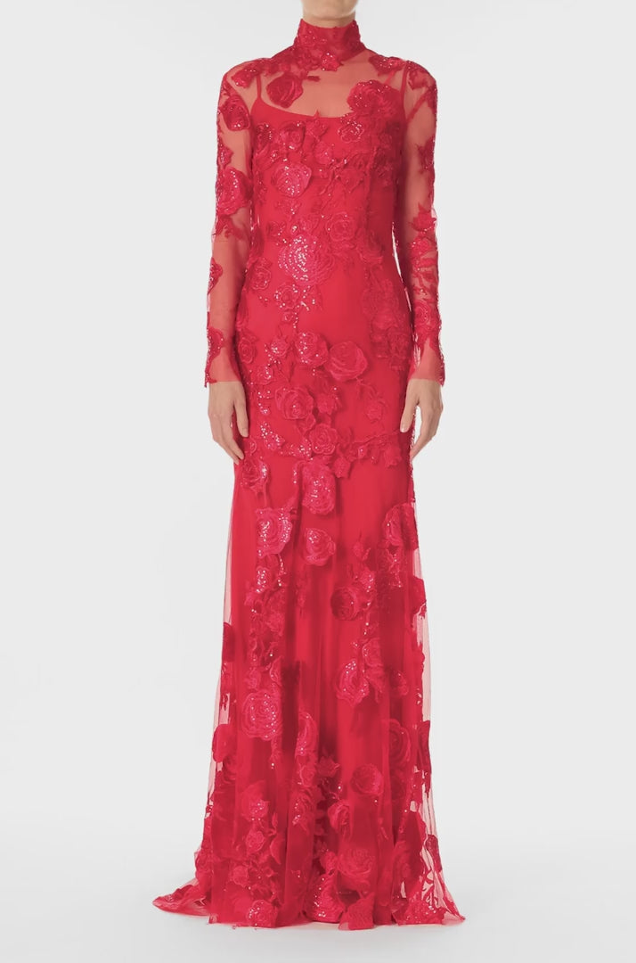 Monique Lhuillier Fall 2024 Scarlet red long sleeve embroidered tulle gown with high neckline and separate slip lining - video.