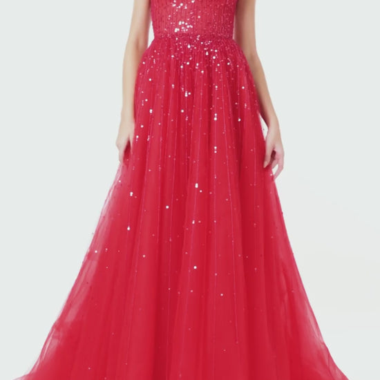 Monique Lhuillier strapless ballgown in cherry red embroidered tulle - video.