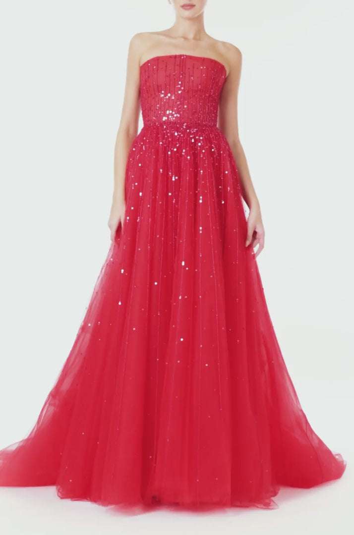 Monique Lhuillier strapless ballgown in cherry red embroidered tulle - video.
