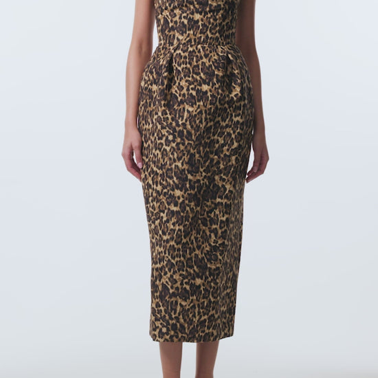 Monique Lhuillier Spring 2026 strapless tea length cocktail dress in Leopard Printed Faille - video.
