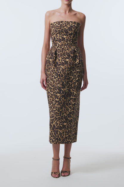 Monique Lhuillier Spring 2026 strapless tea length cocktail dress in Leopard Printed Faille - video.