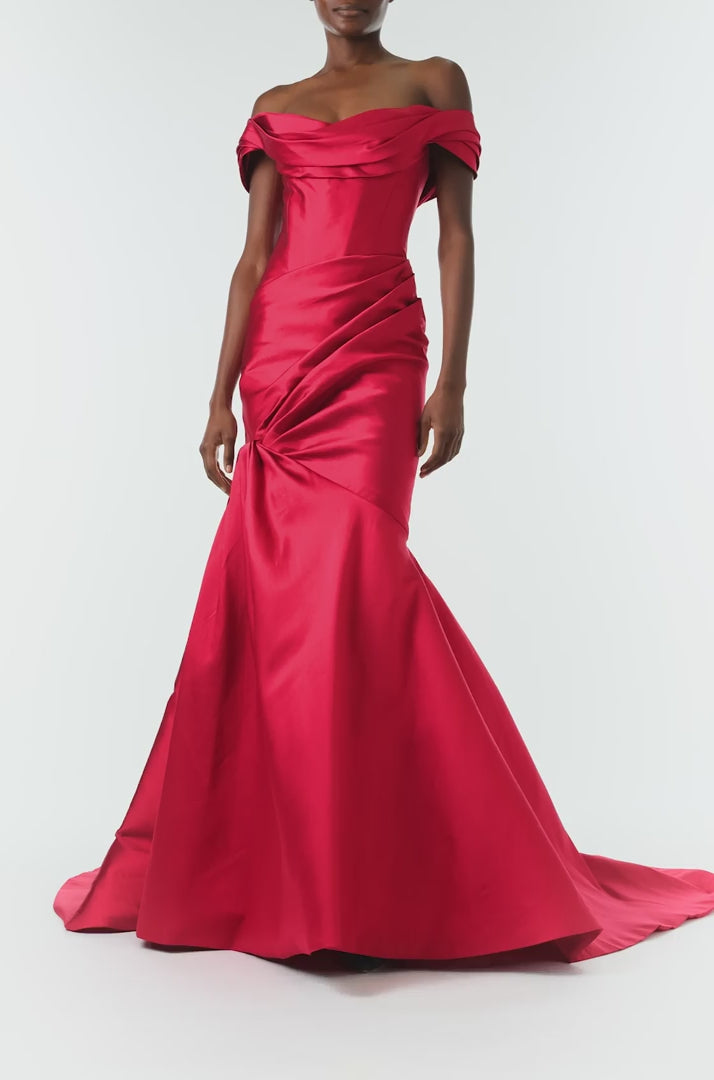Monique Lhuillier Fall 2024 scarlet mikado, off-the-shoulder, draped gown with trumpet skirt and low back - video.