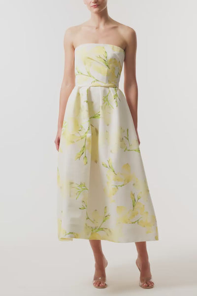 Monique Lhuillier pale yellow/multi Snapdragon Printed Faille Strapless Tea Length Dress - video.