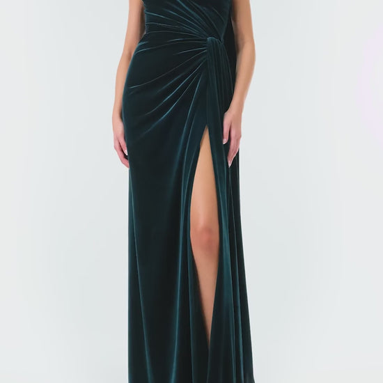 Monique Lhuillier Fall 2024 Strapless, draped column gown with scarf and high leg slit in Dark Teal stretch velour - video.