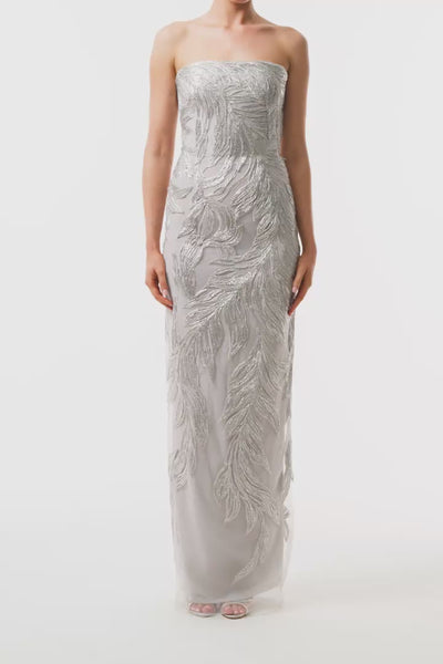 Monique Lhuillier Fall 2025 strapless column gown in silver feather embroidery - video.