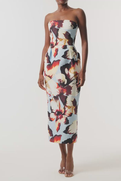 Monique Lhuillier Fall 2026 Pale Blue Amber Lily Printed Faille strapless pleated cocktail dress with pockets - video.