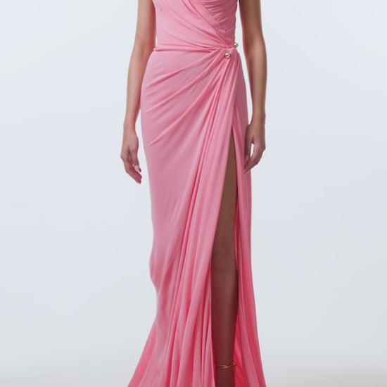 Monique Lhuillier Spring 2026 Plumeria Asymmetric draped one-shoulder gown
with gold ball piercing in lightweight crepe jersey- video.