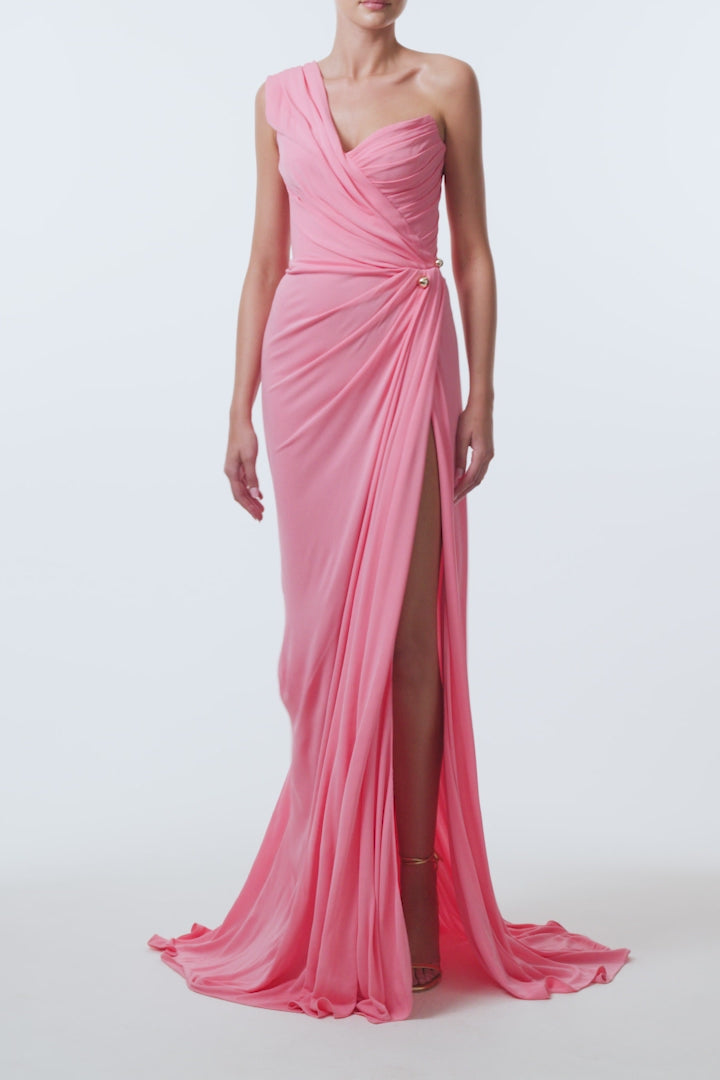 Monique Lhuillier Spring 2026 Plumeria Asymmetric draped one-shoulder gown
with gold ball piercing in lightweight crepe jersey- video.
