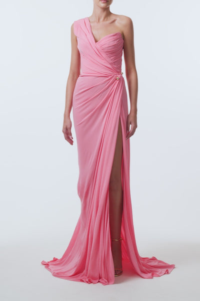Monique Lhuillier Spring 2026 Plumeria Asymmetric draped one-shoulder gown
with gold ball piercing in lightweight crepe jersey- video.