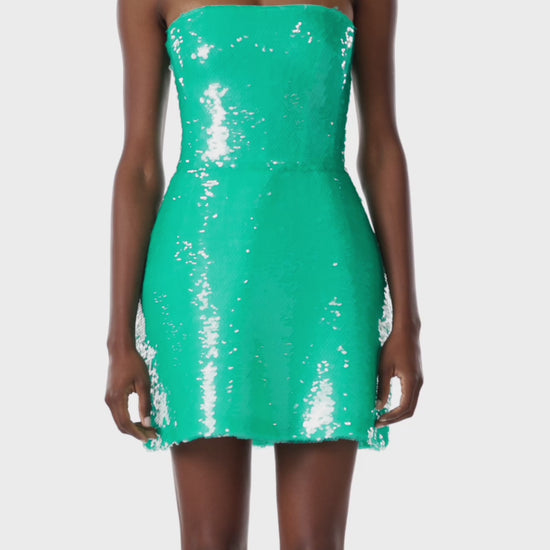 Monique Lhuillier strapless mini dress with structural skirt in turquoise sequins.