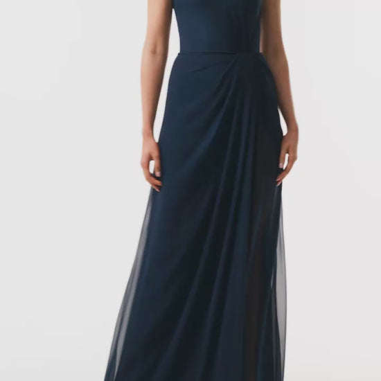 Monique Lhuillier Fall 2025 strapless draped gown in Ocean chiffon - video. 