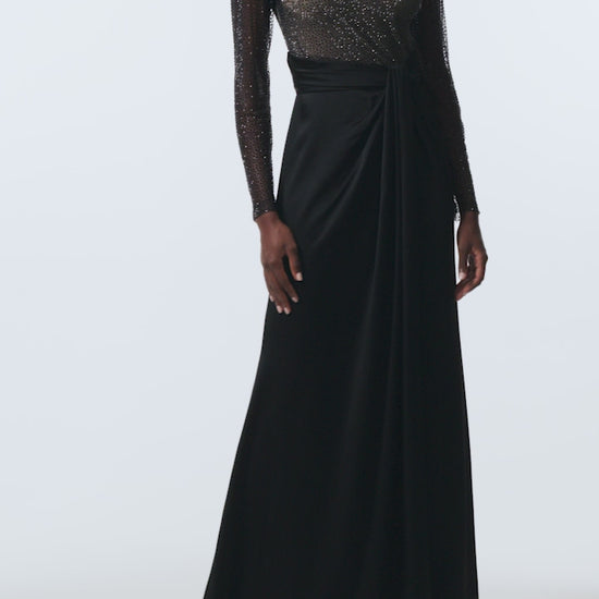Monique Lhuillier Fall 2025 RTW Noir Long Sleeve Hotfix gown with embellished bodice and front slit - video.