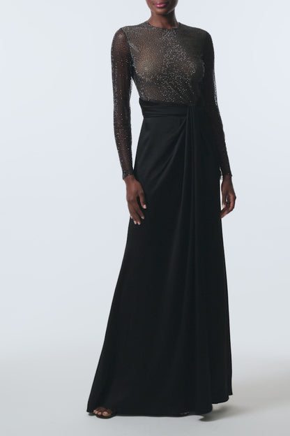 Monique Lhuillier Fall 2025 RTW Noir Long Sleeve Hotfix gown with embellished bodice and front slit - video.