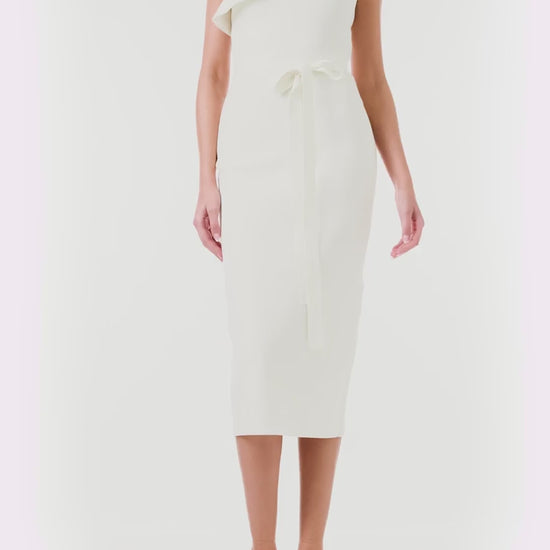 Monique Lhuillier Spring 2024 One Shoulder White Ruffle Knit Dress - video.