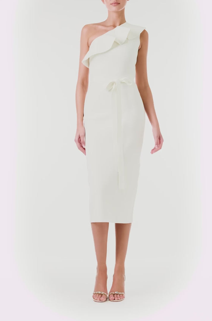 Monique Lhuillier Spring 2024 One Shoulder White Ruffle Knit Dress - video.