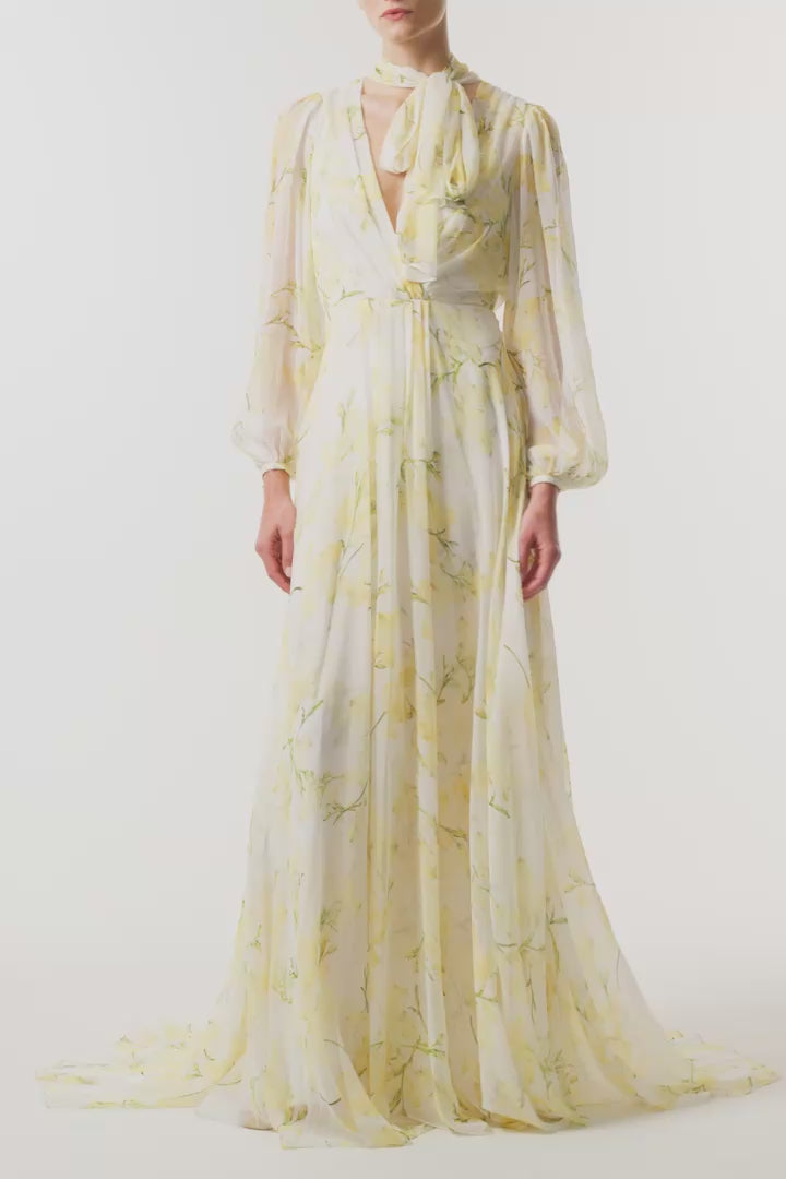 Monique Lhuillier Fall 2026 Pale Yellow/Multi Snapdragon Floral Printed Chiffon Draped V-neck long sleeve gown with blouson sleeves - video.