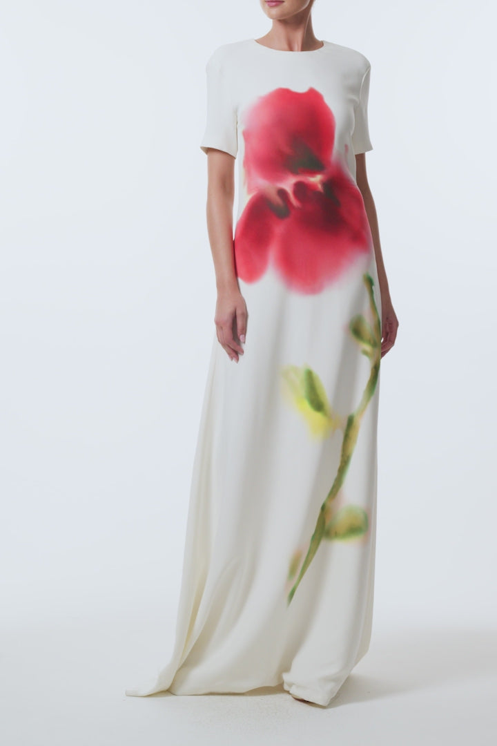 Monique Lhuillier Spring 2026 Ivory/Multi Watercolor Floral Printed Crepe Short -sleeve A-line gown - video.