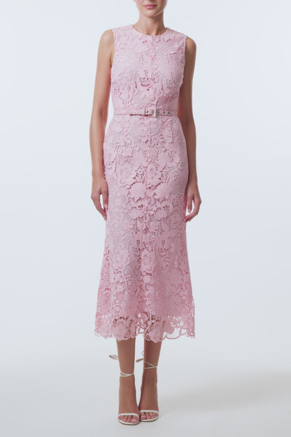 Monique Lhuillier Spring 2026 Carnation Floral Lace Sleeveless Midi dress with belt - video.
