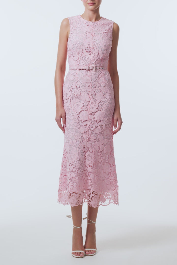 Monique Lhuillier Spring 2026 Carnation Floral Lace Sleeveless Midi dress with belt - video.