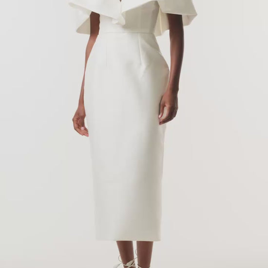 Monique Lhuillier midi length Chantel bridal dress with ruffle neckline and deep v sweetheart neckline in silk white mikado  - video.