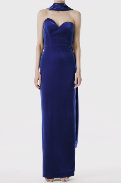 Monique Lhuillier strapless gown in navy velour fabric with asymmetrical sweetheart neckline and detached neck scarf.