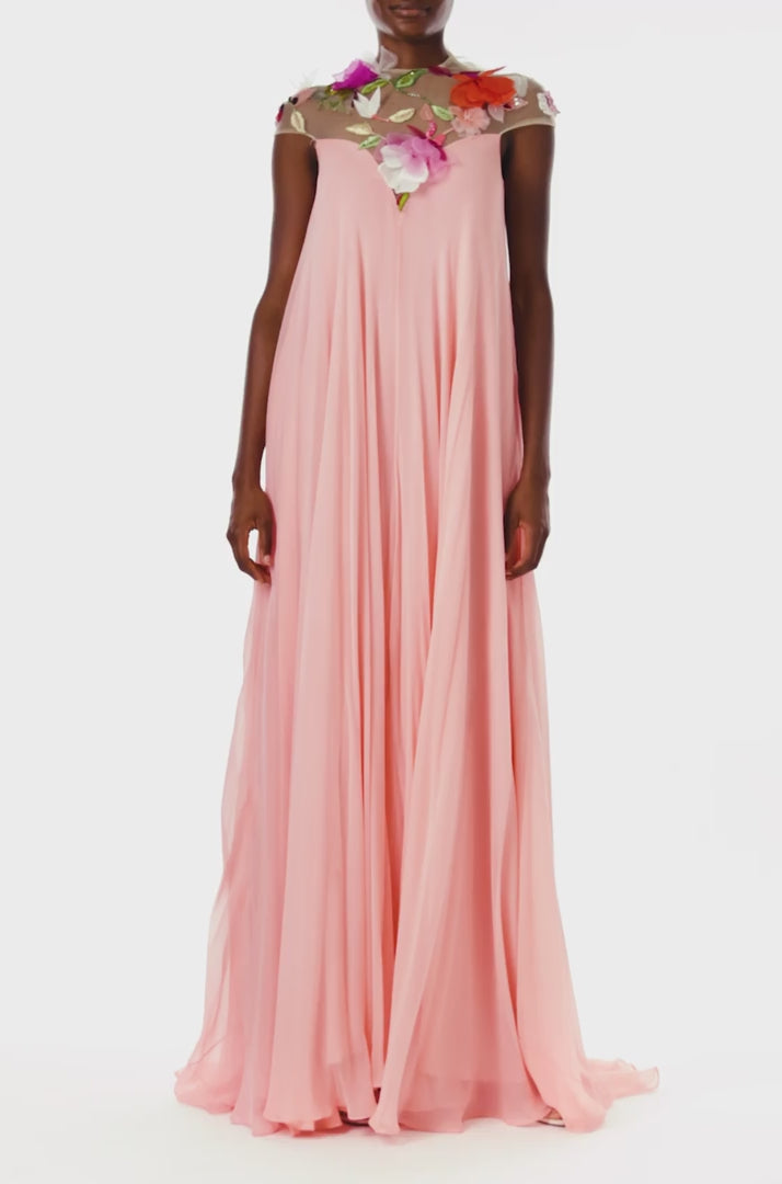 Monique Lhuillier Spring 2024 Melon chiffon caftan gown with floral 3-D embroidery over an illusion tulle neckline - video.