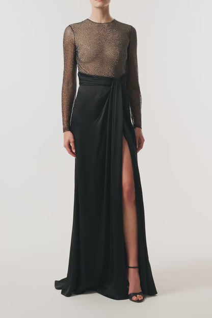 Monique Lhuillier Fall 2025 RTW Noir Long Sleeve Hotfix gown with embellished bodice and front slit - video.