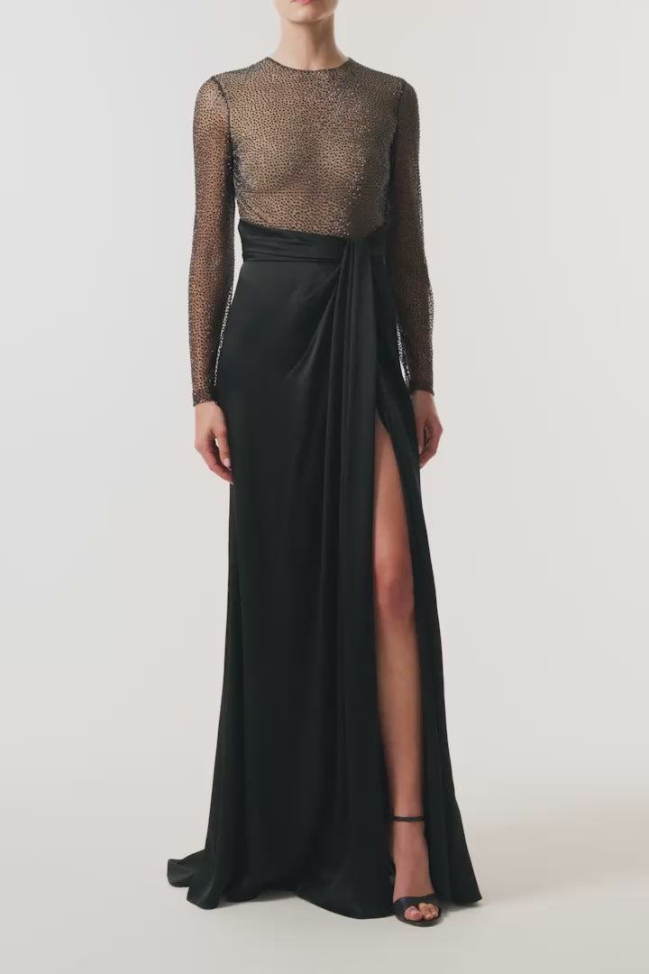 Monique Lhuillier Fall 2025 RTW Noir Long Sleeve Hotfix gown with embellished bodice and front slit - video.