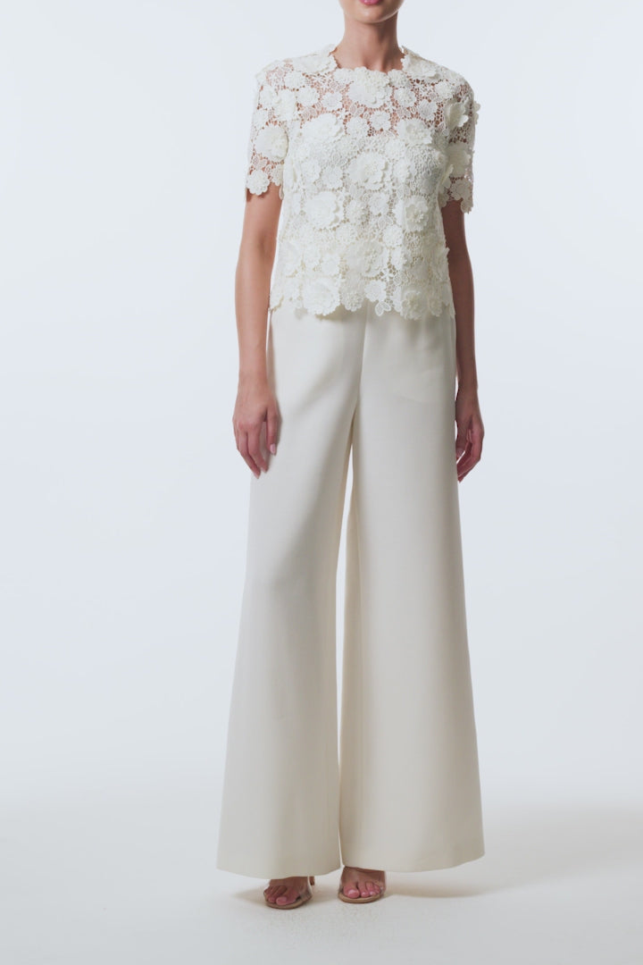 Monique Lhuillier Spring 2026 Ivory three dimensional floral lace Short sleeve blouse
with separate camisole - video.