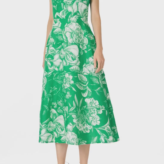 Monique Lhuillier Spring 2025 Grass & silk white floral toile printed linen tailored day dress with spaghetti straps - video.