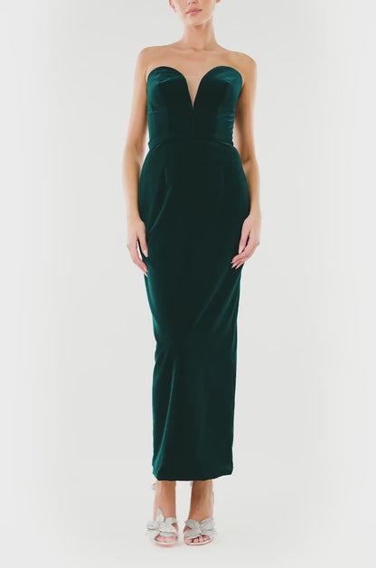 Monique Lhuillier dark teal strapless velvet cocktail dress with deep plunging sweetheart neckline.