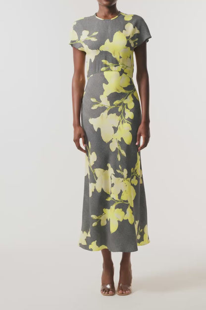 Monique Lhuillier Fall 2026 Short Sleeve Bias Dress cut in Glen Plaid Snapdragon Printed Crepe Suiting- video. 