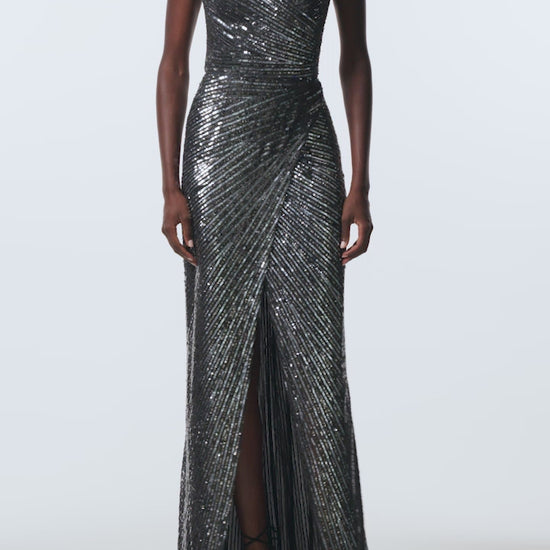 Monique Lhuillier Fall 2025 Gunmetal embroidered tulle Strapless draped column gown with high slit - video.