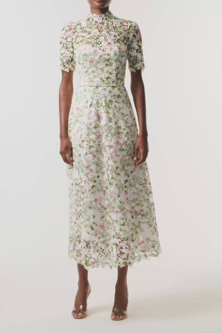Monique Lhuillier Fall 2026 Short Sleeve Lace Dress in Silk White Multi Ivy Bloom Printed Lace - video.