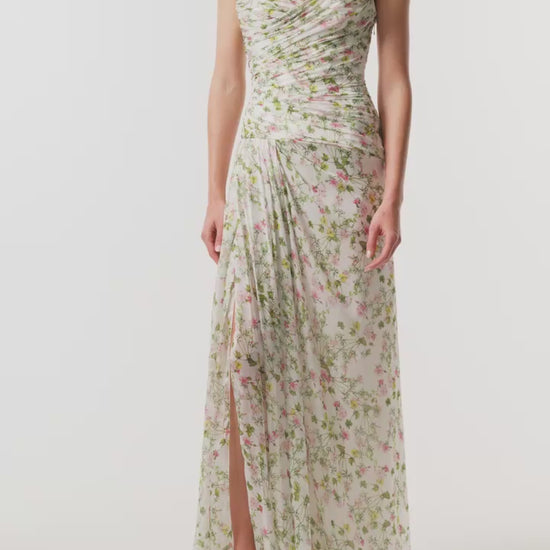 Monique Lhuillier Fall 2026 Silk White/Multi Ivy Bloom Printed Silk Chiffon Strapless asymmetric draped bodice gown - video.