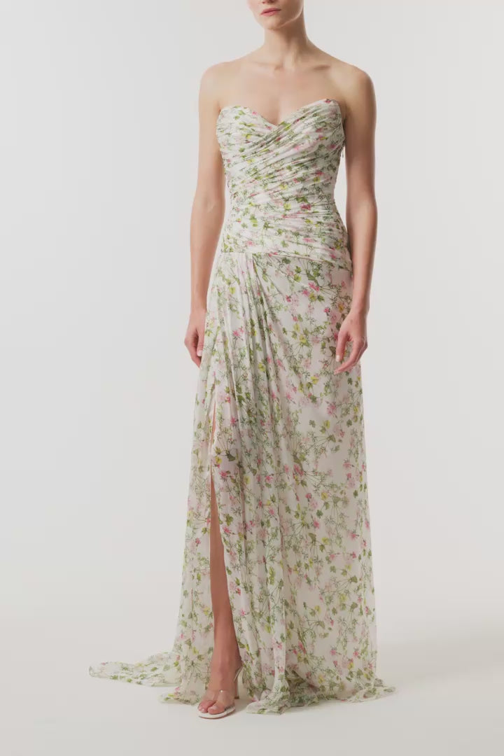 Monique Lhuillier Fall 2026 Silk White/Multi Ivy Bloom Printed Silk Chiffon Strapless asymmetric draped bodice gown - video.