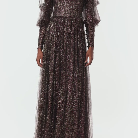 Monique Lhuillier Spring 2024 long sleeve gown with high neck in noir and multi colored glitter tulle fabric - video.