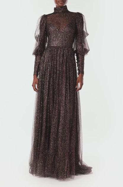 Monique Lhuillier Spring 2024 long sleeve gown with high neck in noir and multi colored glitter tulle fabric - video.