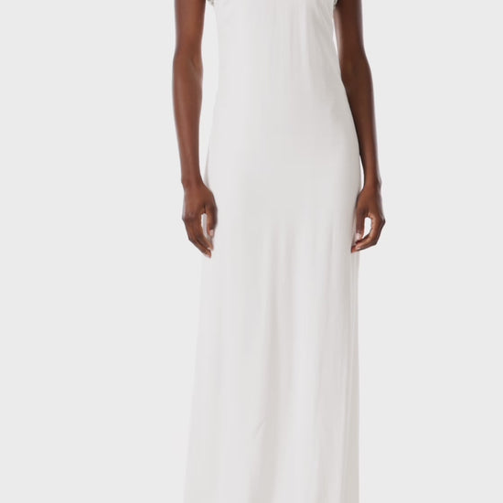 Monique Lhuillier silk white crepe gown with jewel neckline and crystal embroidery.