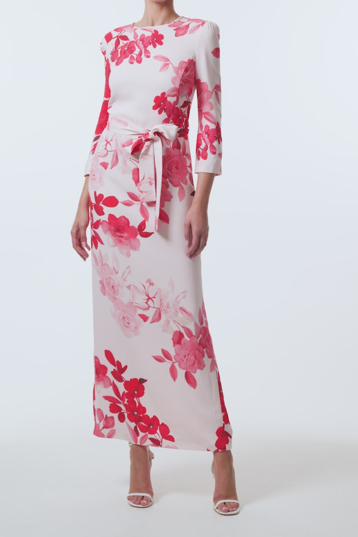 Monique Lhuillier Spring 2026 Powder Pink Multi Rose Ombre Printed Crepe Bracelet sleeve sheath dress with belt - video.