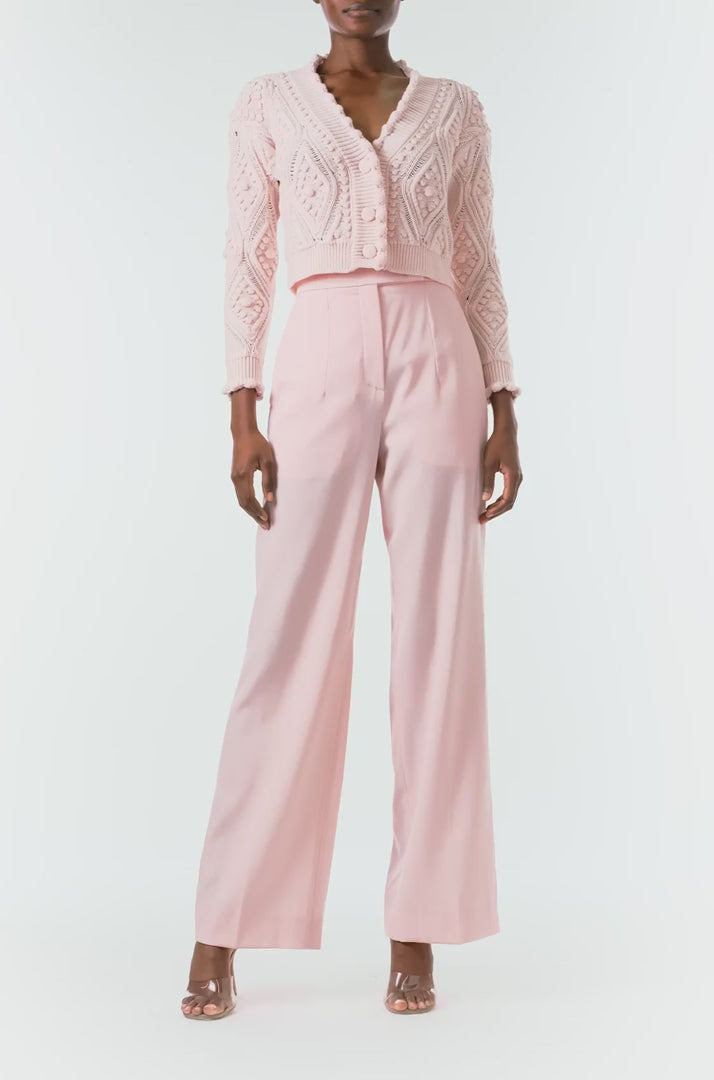 Monique Lhuillier Fall 2024 long sleeve, cropped bobble cardigan in Pale Blush wool cable knit - video.