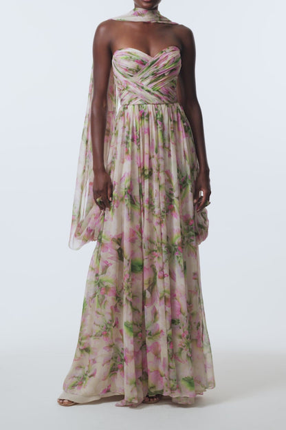 Monique Lhuillier Spring 2026 Carnation Multi Small Tulip Printed Chiffon Sweetheart strapless pleated gown with
shawl - video.