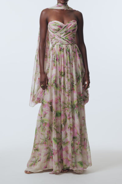 Monique Lhuillier Spring 2026 Carnation Multi Small Tulip Printed Chiffon Sweetheart strapless pleated gown with
shawl - video.
