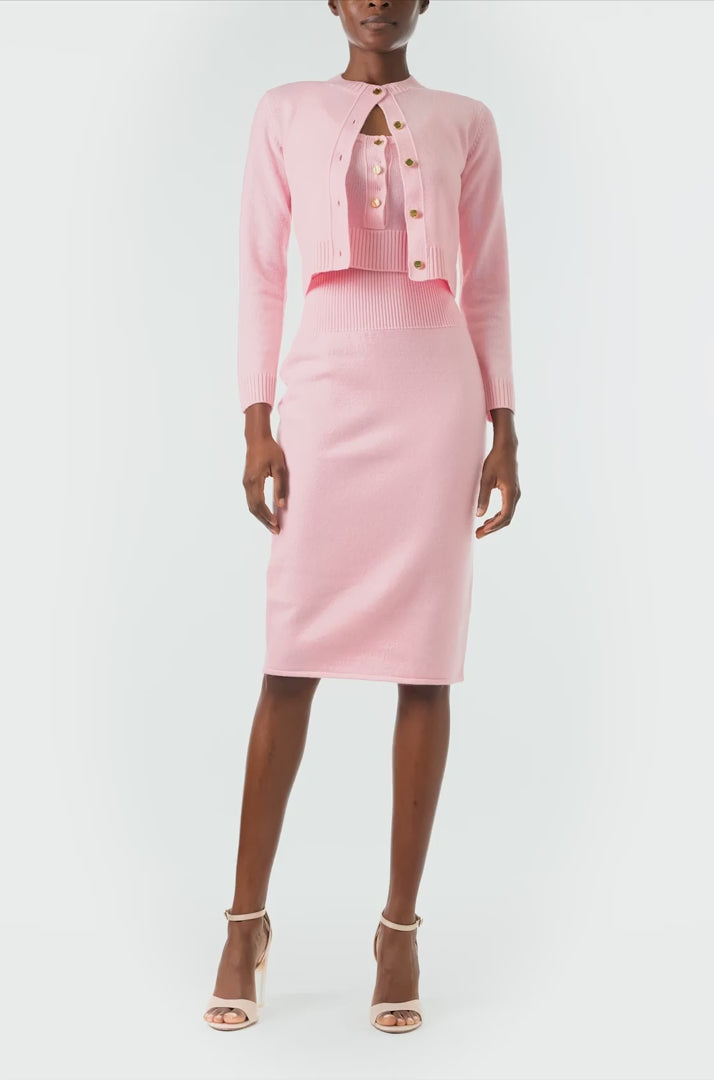 Monique Lhuillier pink cashmere cropped cardigan with gold buttons - video.