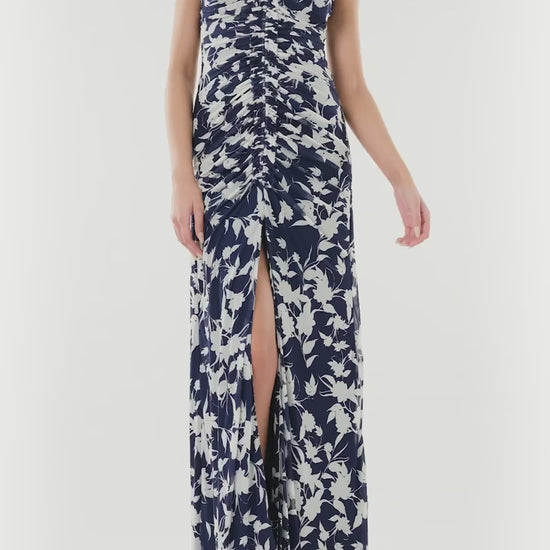 ML Monique Lhuillier floor length dress with halter neckline and ruching in indigo printed mesh.