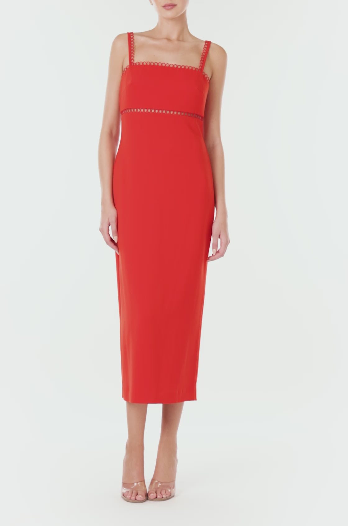 ML Monique Lhuillier red crepe dress with straps, eyelet embroidery and waist cutout.