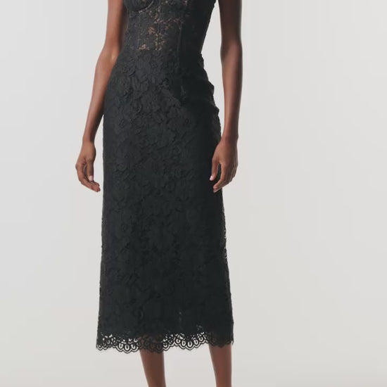 Monique Lhuillier Fall 2026 Strapless Midi Cocktail Dress in Noir Peony lace - video.