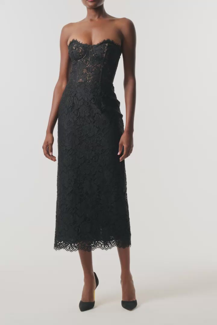 Monique Lhuillier Fall 2026 Strapless Midi Cocktail Dress in Noir Peony lace - video.