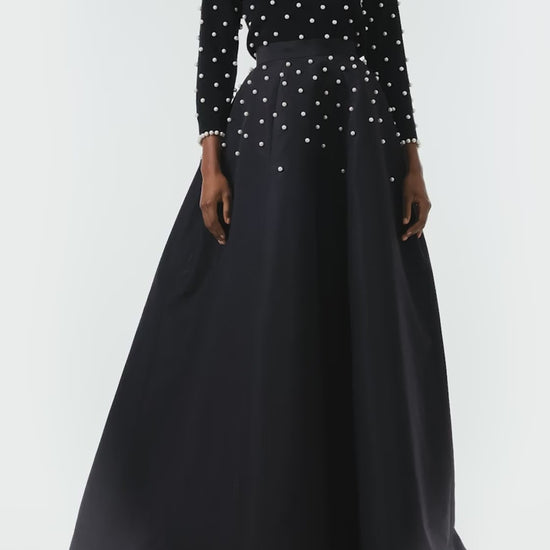 Monique Lhuillier Long sleeve Noir cashmere sweater with pearl embroidery and pearl trim at neckline and wrists - video.