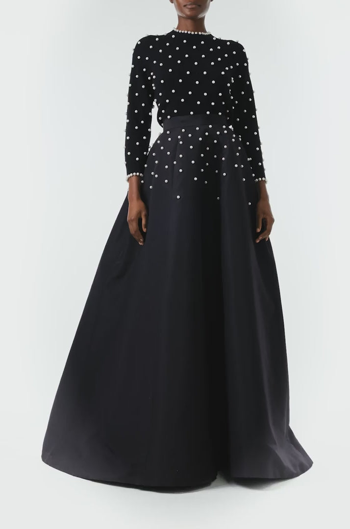 Monique Lhuillier Long sleeve Noir cashmere sweater with pearl embroidery and pearl trim at neckline and wrists - video.